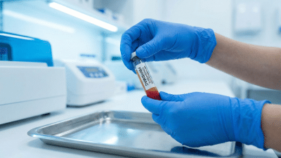 A sharp, close-up shot of a person wearing blue sterile gloves, carefully holding a small glass vial of orthobiologic material. The lighting is bright and clinical with cool white and blue tones, emphasizing a sterile laboratory or surgical environment.